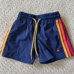 Aviator Nation boys 2T Navy Swim Shorts with Yellow and Red Stripe Detail